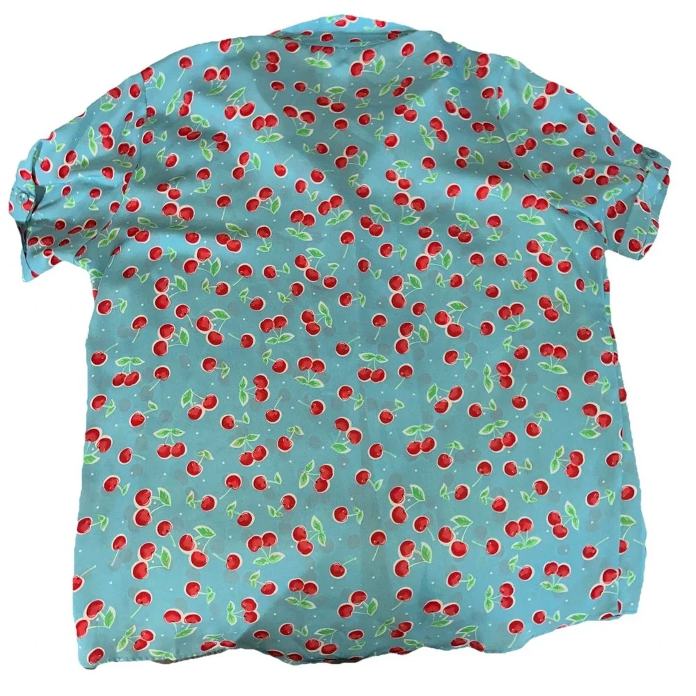 BonWorth Womens Cherry Print Button Up Blouse Blue Polka Dot Short Sleeve Large - Picture 4 of 4